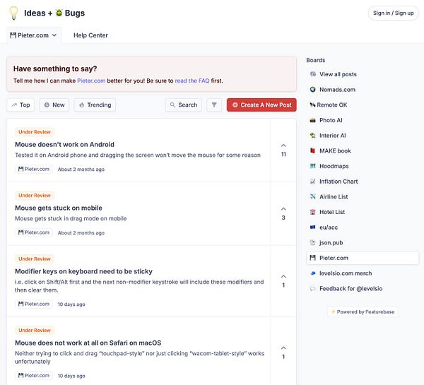 The image displays a bug reporting and ideas submission interface for Pieter.com.