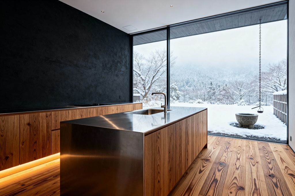 A minimalist Japanese kitchen features knotty cedar cabinetry and flooring, a stainless-steel island with an integrated sink, and a matte black plaster wall. A floor-to-ceiling glass wall opens to a snowy garden with a stone water basin and a hanging rain chain, flooding the calm interior with soft natural light while warm toe-kick LED lighting glows beneath the wood cabinets.