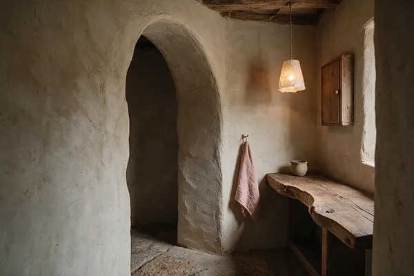 A rustic powder room with softly rounded plaster walls, an arched doorway, and a rough wooden vanity counter. Warm light hangs from the ceiling, illuminating a muted pink towel, a small ceramic vessel, and an old wooden cabinet, creating an earthy, handcrafted atmosphere.