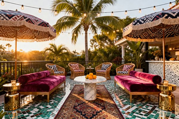 A tropical patio at sunset features two magenta velvet daybeds with bolsters, rattan lounge chairs with blue and red patterned cushions, and a round marble pedestal table centered on a Persian-style runner. Teal-and-white mosaic tiles cover the floor, gold drum side tables and two fringed geometric umbrellas add shine, string lights span overhead, palms surround the space, and a speckled bar with pendant lighting frames the right side.