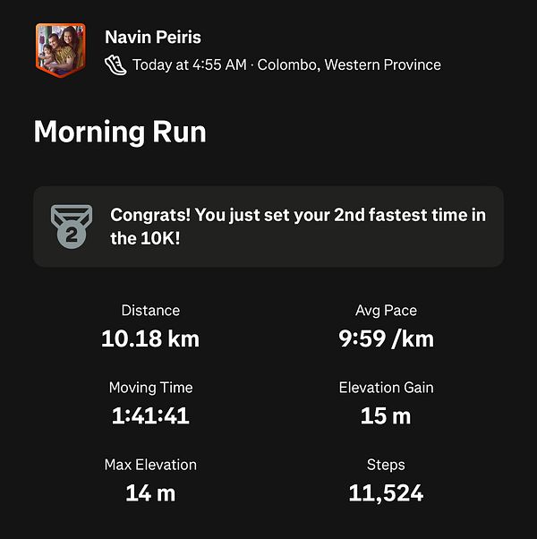 A fitness tracking summary of a morning run completed by Navin Peiris.