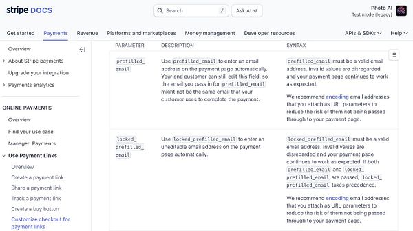The image displays a section of the Stripe documentation related to payment parameters.