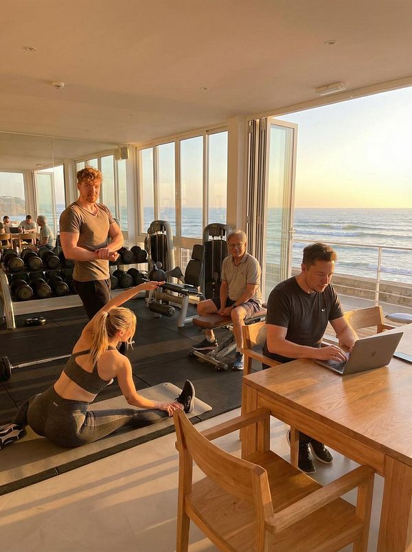 A group of four individuals is engaged in various activities in a bright, modern gym with a view of the ocean at sunset.