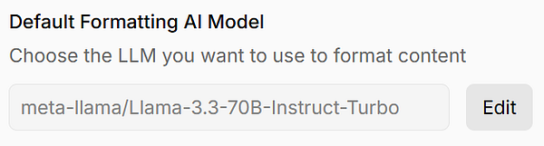 The image displays a user interface for selecting a default AI model for formatting content.