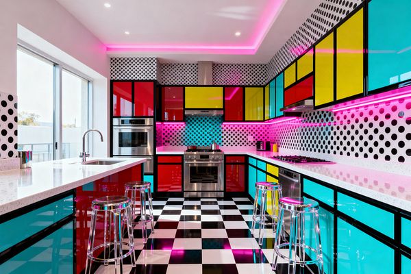 A Pop Art kitchen with glossy cabinet fronts in cyan, yellow, and red outlined in black, set against a black-and-white polka-dot backsplash. White quartz countertops and stainless-steel appliances, including double wall ovens, a range, and a dishwasher, form a U-shaped layout. A black-and-white checkerboard floor, neon pink under-cabinet and cove lighting, and clear acrylic bar stools define the space, while large sliding windows on the left bring in daylight.
