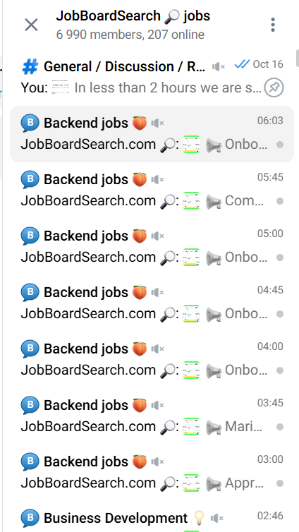 The image displays a Telegram chat interface showing job postings in a group named 'JobBoardSearch'.
