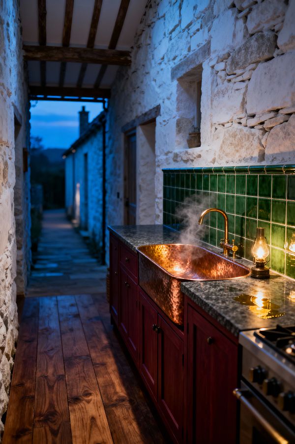A narrow galley kitchen with whitewashed stone walls and exposed ceiling beams features deep red shaker cabinets topped with a dark stone counter. A hammered copper sink emits steam beneath an unlacquered brass faucet, set against glossy emerald square tiles. Warm plank wood floors and a lit oil lamp add glow, with a stainless gas range at right and a view to an outdoor stone path at dusk.