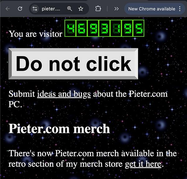 The image displays a retro-themed webpage for Pieter.com featuring a visitor counter and a prominent warning message.