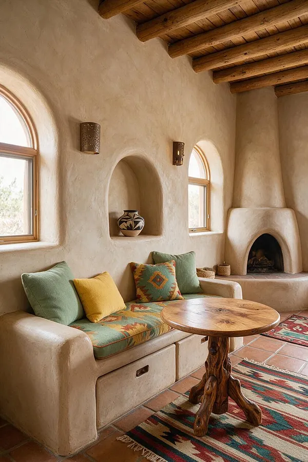 A warm Southwestern sunroom with smooth adobe-style walls, exposed wooden ceiling beams, and arched windows that bring in natural light. The space includes a built-in plaster sofa with patterned and solid-colored cushions, a carved wooden pedestal table, a small fireplace niche, and colorful woven rugs on terracotta tile floors.