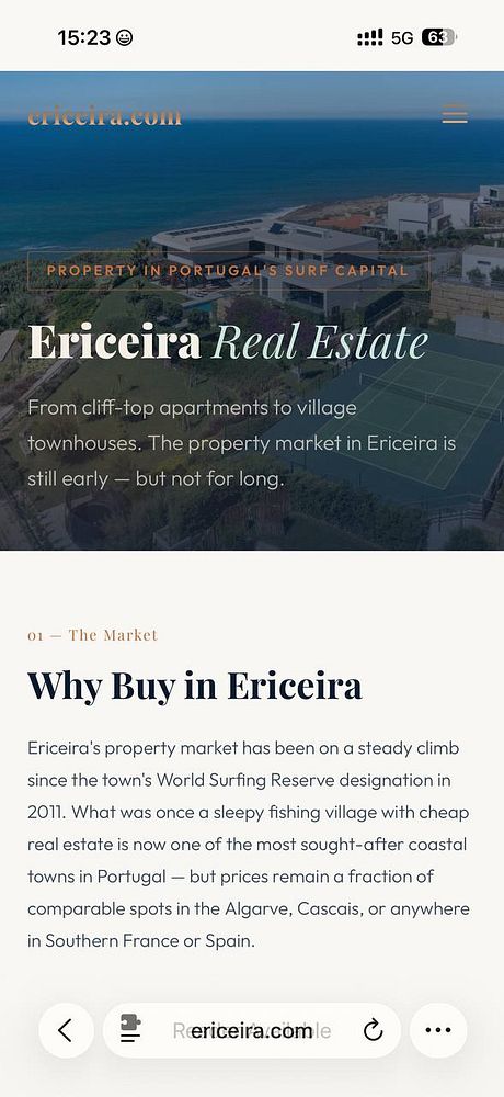 Webpage screenshot of a real estate listing on ericeira.com featuring a coastal home.