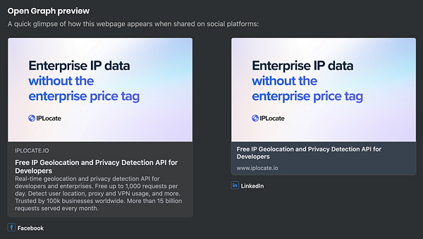 The image displays an Open Graph preview for the IPLocate webpage, showcasing its appearance on social media platforms.
