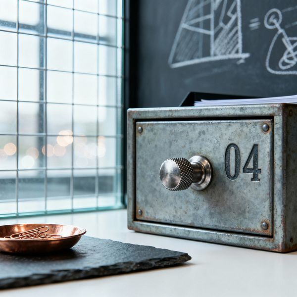 Close-up of an industrial home office desktop featuring a galvanized metal drawer labeled “04” with a knurled stainless-steel knob, set against a matte black chalkboard with white sketches. To the left, daylight filters through a wire-mesh window, illuminating a rectangular slate tray holding a small copper dish filled with paper clips on a white work surface, highlighting raw textures, patina, and utilitarian hardware.
