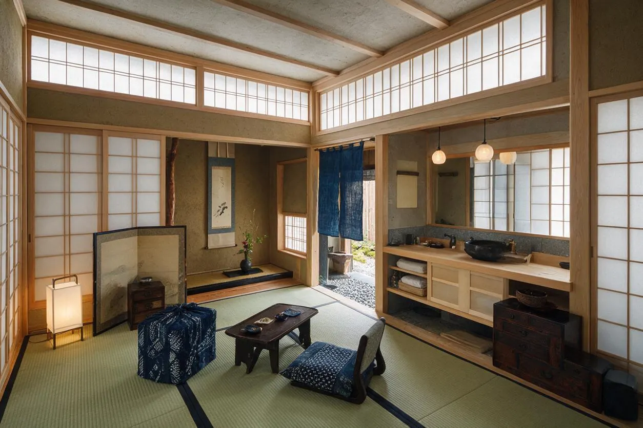 A spacious Japanese Zen-style master bathroom with tatami flooring, shoji screens, light wood framing, and a built-in vanity with a black stone sink. The room includes a low tea table, floor cushions, soft lantern-style lighting, and a blue noren curtain near the bathing area, creating a calm, traditional atmosphere.