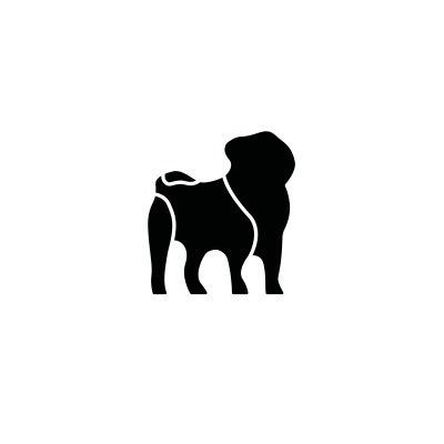 The image shows a black silhouette of a dog resembling a bulldog.