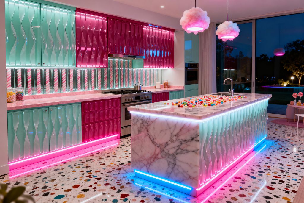 A playful kitchen centers on a white marble waterfall island with an integrated sink and LED edge lighting, surrounded by glossy mint and magenta cabinets with wavy fronts and pink base glow. A mirrored candy-cane backsplash, pink marble perimeters, stainless range and wall oven, terrazzo floor flecked with multicolored chips, and fluffy cotton-candy pendant lights create a confectionery atmosphere, with expansive glass doors opening to a night view beyond.