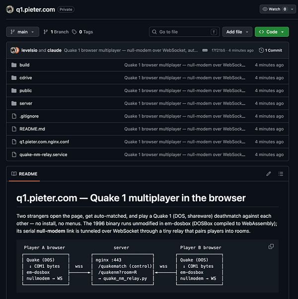 Screenshot of a GitHub repository interface showing a README file with code, instructions, and a terminal command output.