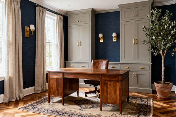 A transitional home office centers on a solid walnut desk and caramel leather swivel chair over a patterned rug on herringbone oak floors. Built-in greige Shaker cabinets rise to the ceiling against deep navy grasscloth walls, finished with brass pulls and candle-style sconces; two tall, white-trimmed windows with beige linen curtains brighten the room, while a terracotta pot with an olive tree softens the corner and adds natural texture.