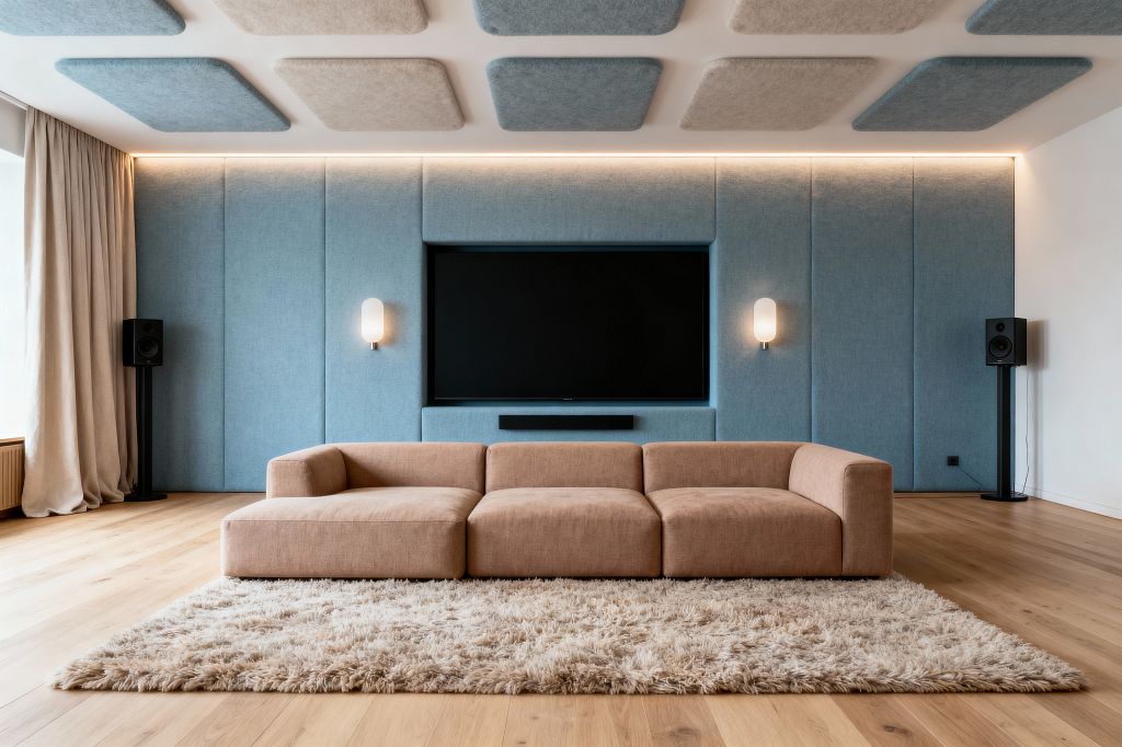 A minimalist media room with a large wall-mounted TV set into pale blue upholstered acoustic panels. A low camel-colored modular sofa sits on a cream shag rug over light oak floors. Two black floor speakers flank the wall, with a slim soundbar below the screen. Soft LED cove lighting outlines the panelled wall, and oval frosted sconces provide glow. The ceiling features felt acoustic rectangles and a window with beige drapery.