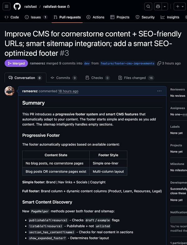 Screenshot of a code editor displaying Ruby on Rails code implementing SEO auto-footer and link functionality.