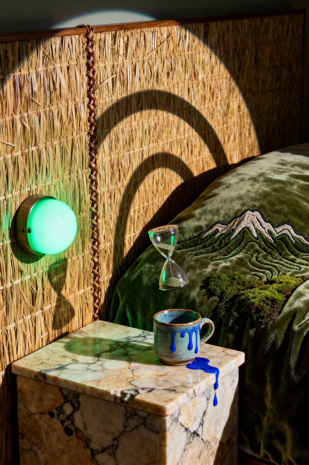 Close-up of a surreal bedroom vignette with a woven seagrass headboard lit by a small green-glowing sconce, its curved shadows sweeping across the natural fibers. A beige marble cube nightstand sits beside an olive velvet duvet embroidered with mountain contours and patches of moss, while a handmade ceramic mug with cobalt drips and a levitating hourglass heighten the dreamlike mood.