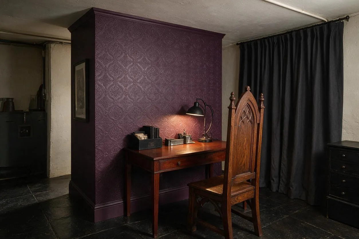 A dim Gothic-style basement study area with a carved wooden chair and desk positioned against a deep purple patterned wall. Black curtains, dark slate flooring, and a small lamp create a dramatic, moody atmosphere.