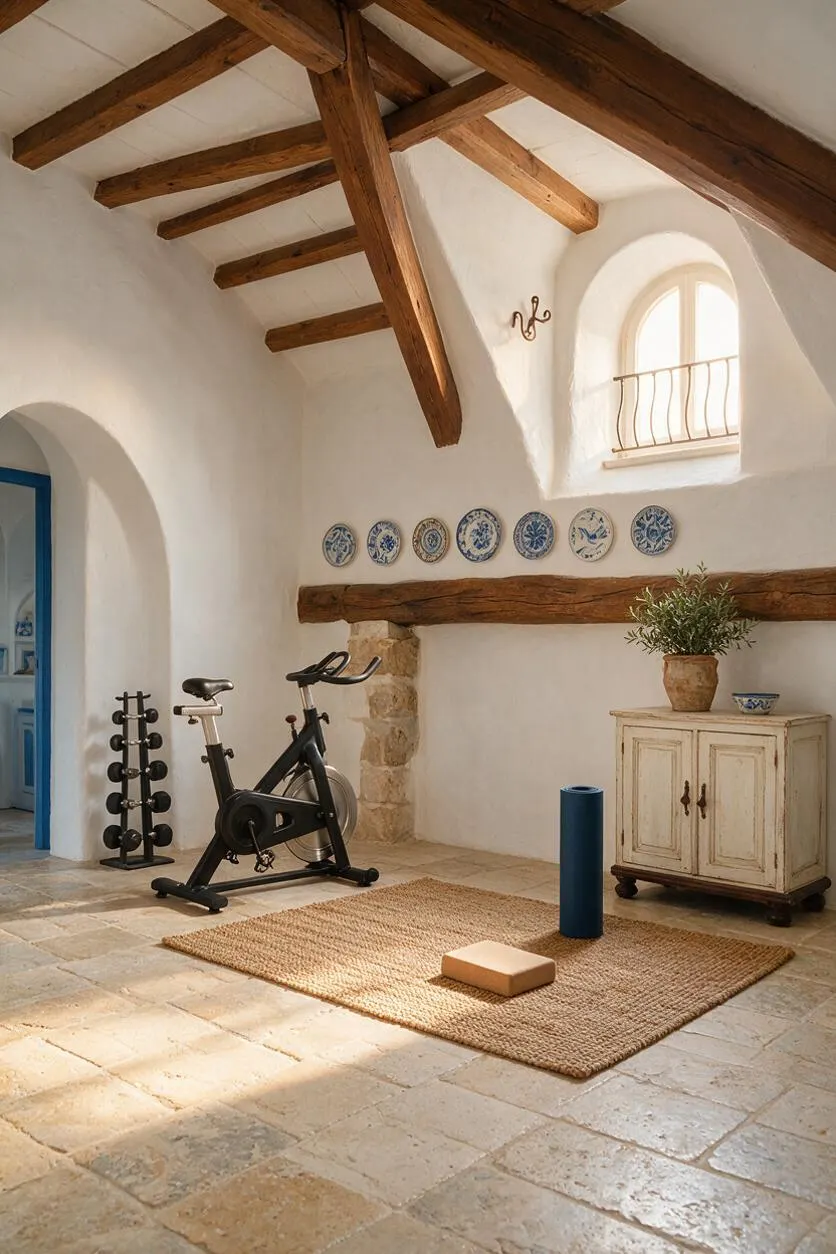 A Mediterranean-style home gym with white plaster walls, exposed wooden ceiling beams, and a stone tile floor. The room includes a stationary bike, dumbbell rack, woven rug, yoga props, an antique cabinet, and blue-and-white decorative plates on the wall.