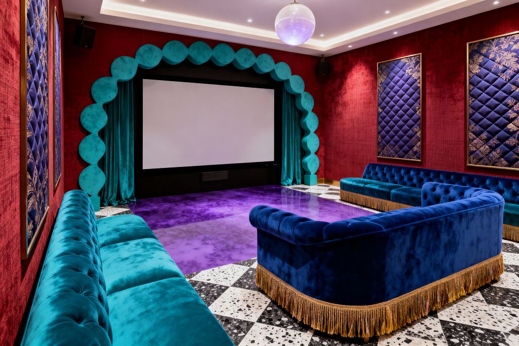 A maximalist home theater features a large screen within a scalloped teal velvet proscenium with matching curtains. Deep red walls hold diamond-quilted navy panels in gold frames, while tufted royal blue and turquoise velvet sectionals trimmed with gold fringe surround a glossy purple epoxy floor bordered by black-and-white terrazzo; recessed cove lighting and a spherical pendant illuminate the richly textured, jewel-toned room.