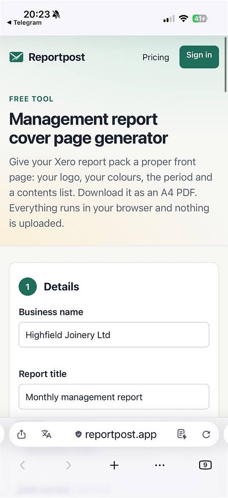 A mobile webpage for a free management report cover page generator from Reportpost with input fields.