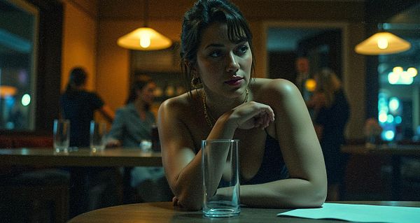 A woman sits thoughtfully at a dimly lit table in a bar or restaurant, with a glass in front of her.