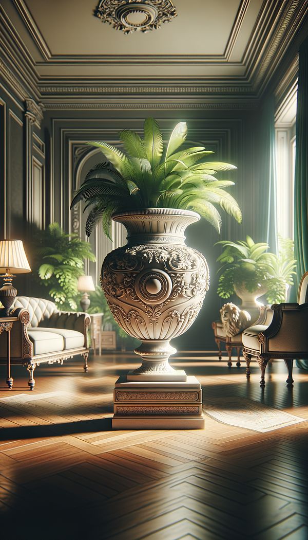 A beautifully crafted ceramic urn placed on a pedestal in a brightly lit room, surrounded by elegant furniture and lush green plants.