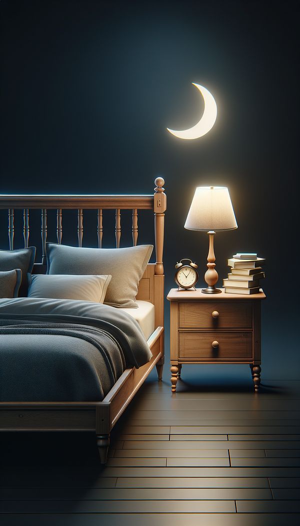 A cozy bedroom at night, with a wooden night stand next to a bed, holding a lamp, an alarm clock, and a book.