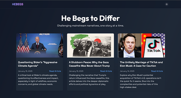 The image displays a news website titled 'He Begs to Differ' featuring three articles on current events.