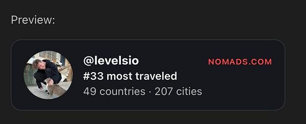 A widget preview showing a user's travel stats with username, rank, visited countries and cities, and a site link.