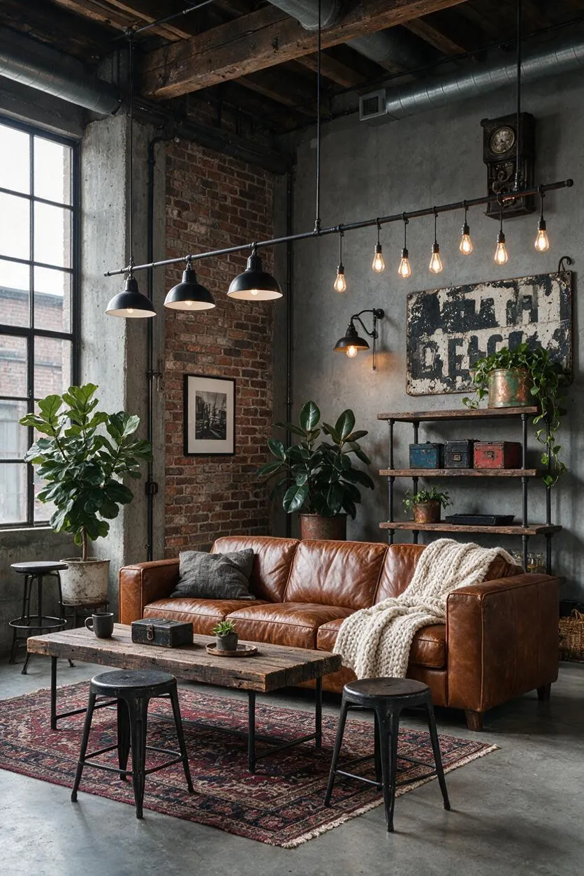 An industrial-style backyard lounge with a brown leather sofa, rustic wood coffee table, black metal stools, and a patterned rug. Exposed brick, concrete walls, large black-framed windows, hanging factory-style lights, and potted greenery create a warm urban atmosphere.