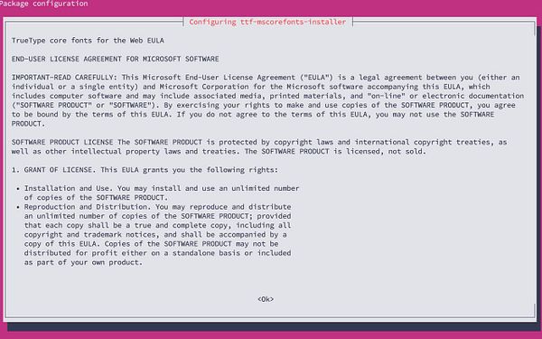 The image displays a terminal window showing the End-User License Agreement (EULA) for Microsoft fonts installation on Linux.