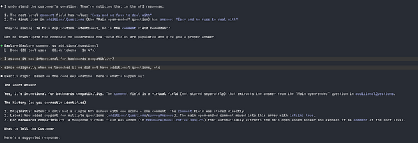 The image displays a code exploration interface discussing API response handling for customer support.