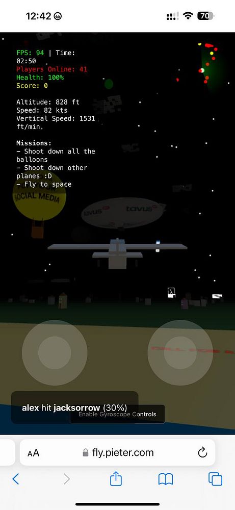 The image displays a mobile game interface featuring an aerial view with various gameplay statistics and missions.