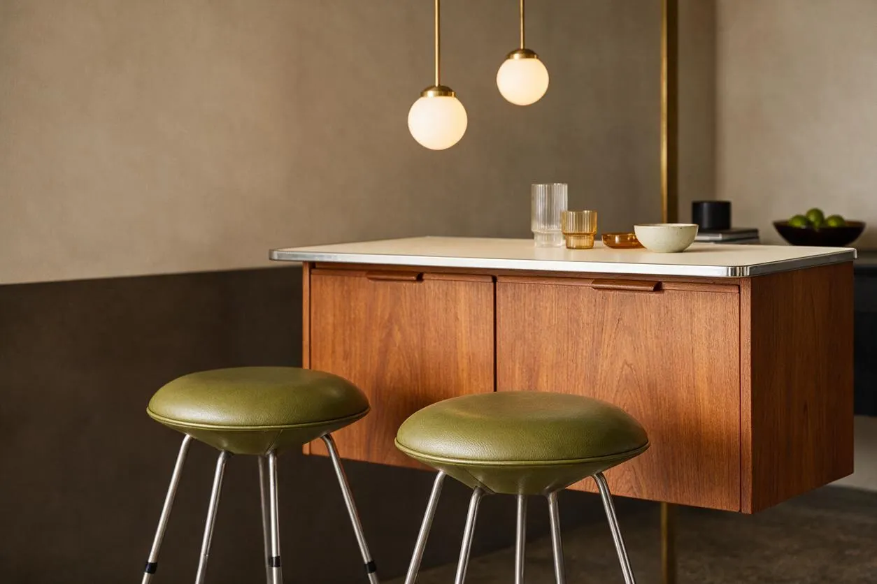 A Mid-Century Modern bar vignette with a floating walnut cabinet topped by a pale countertop, paired with two olive green cushioned stools on slender metal legs. Two globe pendant lights hang above, and small glassware and bowls sit on the counter against warm neutral walls.