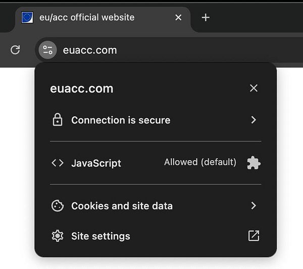 The image displays the security settings for the website euacc.com in a web browser.
