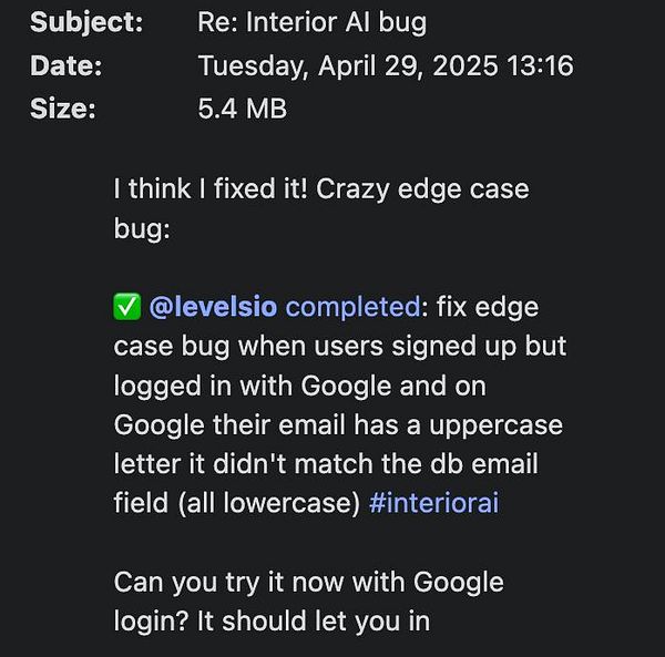 An email thread discussing the resolution of a bug related to Google login and email case sensitivity.