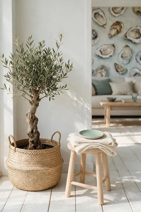 A bright coastal interior vignette with a potted olive tree in a woven basket planter beside a light wood stool holding folded white linen and a pale green plate. In the background, a sofa, low wood coffee table, and oversized oyster shell artwork add soft seaside tones.