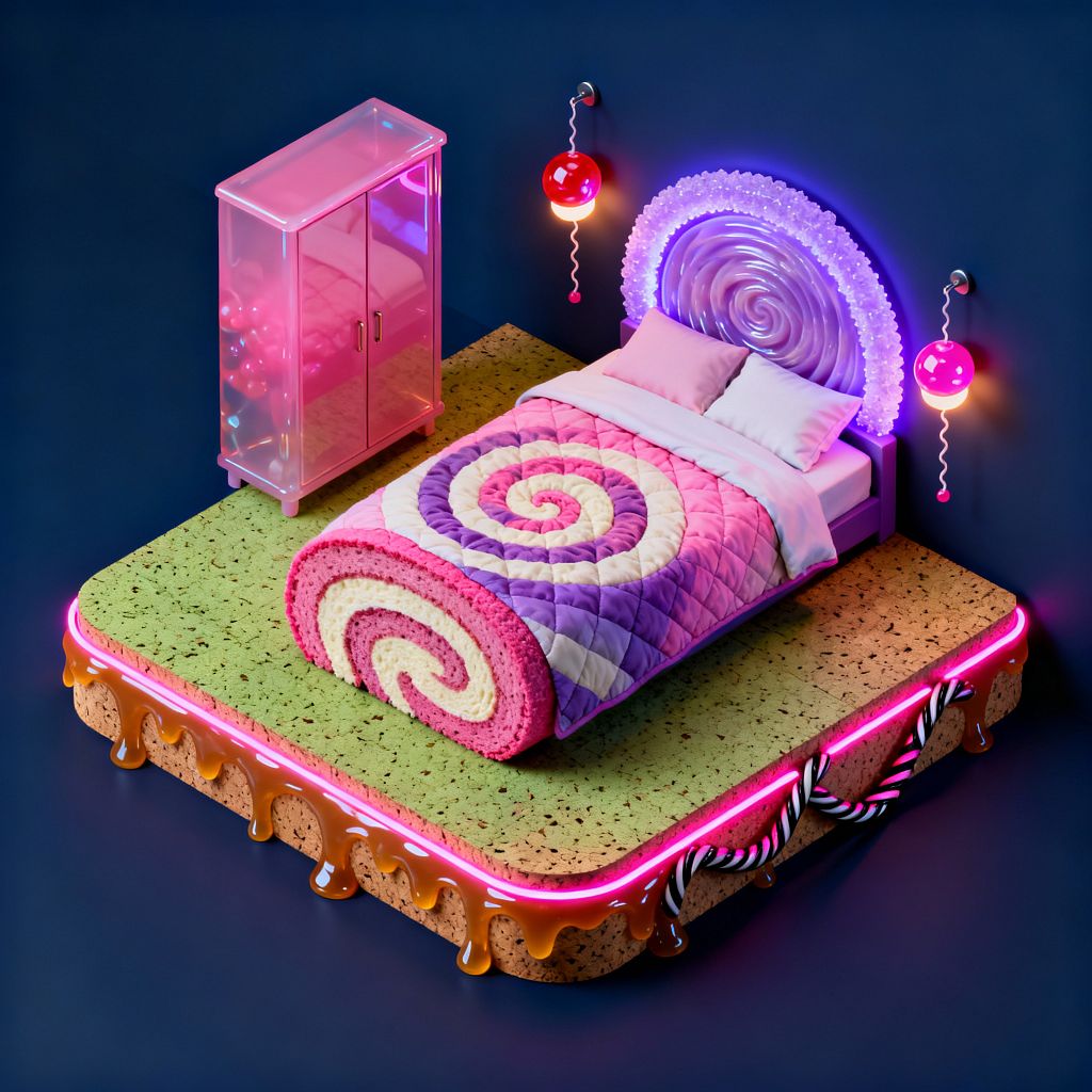 A whimsical bedroom shows a bed against deep navy walls with a glossy lollipop-style headboard rimmed in purple neon. The quilt features pink, lilac, and cream spirals with a Swiss roll bolster at the foot. Red lollipop wall sconces hang on each side, and a translucent pink acrylic wardrobe stands nearby. The bed sits on an oversized cookie-like platform with caramel drips and a pink LED edge over a mint-speckled surface, topped with crisp white pillows.