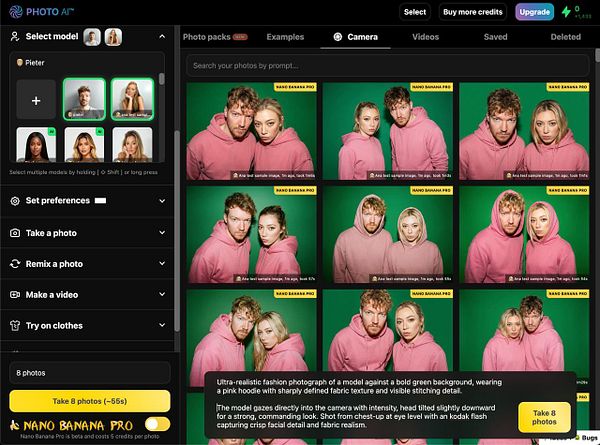 The image displays a user interface for a photo AI application featuring various photo options and model selections.