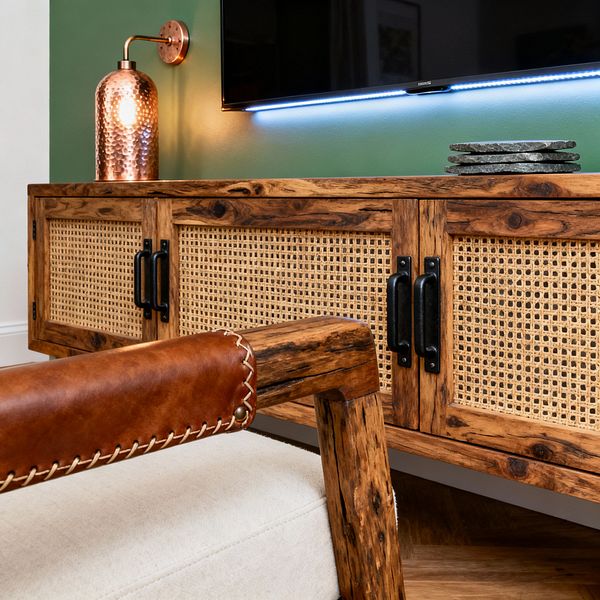 Close-up of a rustic media room showing a reclaimed-wood console with woven cane door fronts and black iron handles. A wall-mounted TV glows with a blue LED backlight above a deep green wall. To the left, a hammered copper wall sconce provides warm light. In the foreground, a wood-framed chair features a saddle-brown leather arm with visible stitching and a cream linen seat. A small stack of slate coasters sits on the console; wood flooring runs in a herringbone pattern.