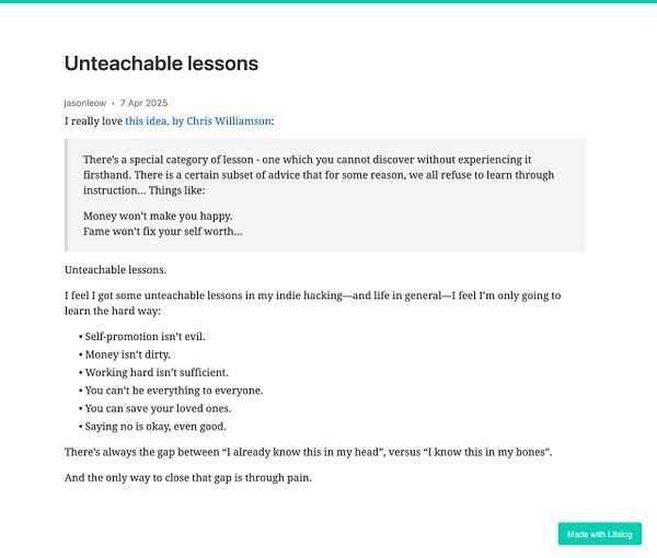 The image features a blog post discussing unteachable lessons in life and indie hacking.