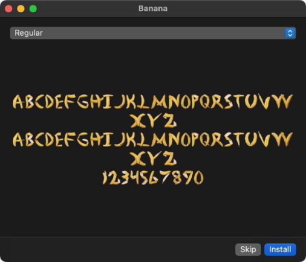 The image displays a font selection interface for the 'Banana' font.