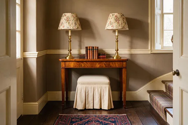 A traditional entryway with taupe walls, cream trim, and dark wood flooring. A polished wooden console table is centered against the wall with two brass table lamps, stacked books, and a skirted stool underneath, while a patterned rug and plaid-carpeted stairs add warmth.
