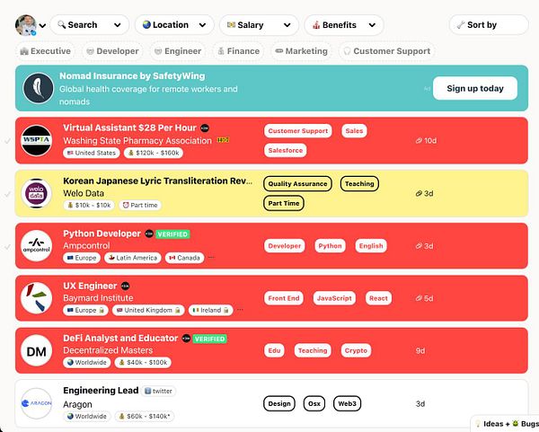 The image displays a job listing interface featuring various remote job opportunities.