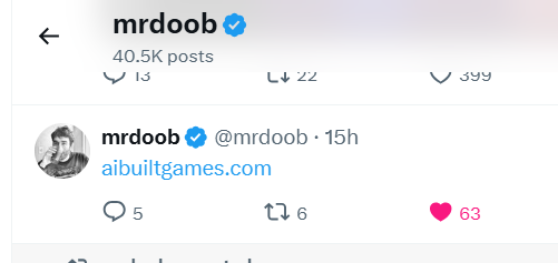 A tweet from the verified user 'mrdoob' mentioning 'AIBuiltGames'.