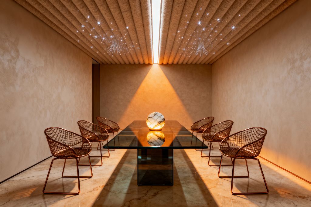 A long, symmetrical dining room features a thick rectangular glass table on a smoked-glass pedestal with six copper-finish wire chairs, three on each side. Warm beige plaster walls and polished cream marble flooring glow under a central linear ceiling light and a star-like array of fiber-optic points in ribbed felt panels; a luminous marble sphere sits centered on the table, enhancing the minimalist, futuristic atmosphere.